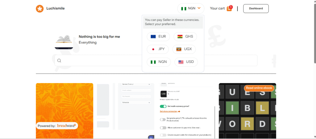 Breadwave store view of seller's selected multi-currencies