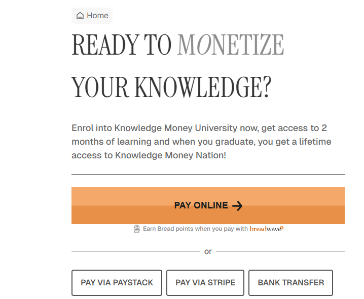 An external website view that integrated Breadwave's external sales page