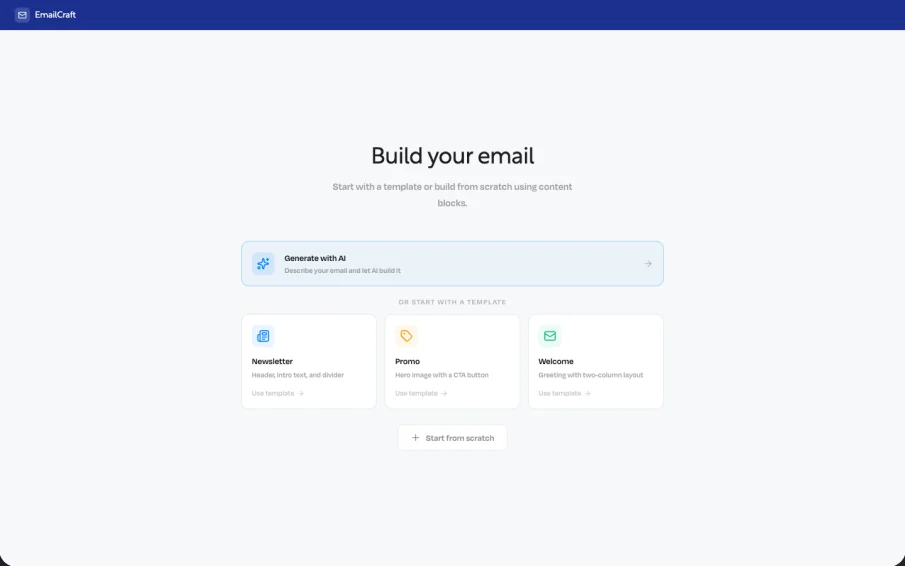 The starting point: generate with AI, pick a template, or start from scratch.