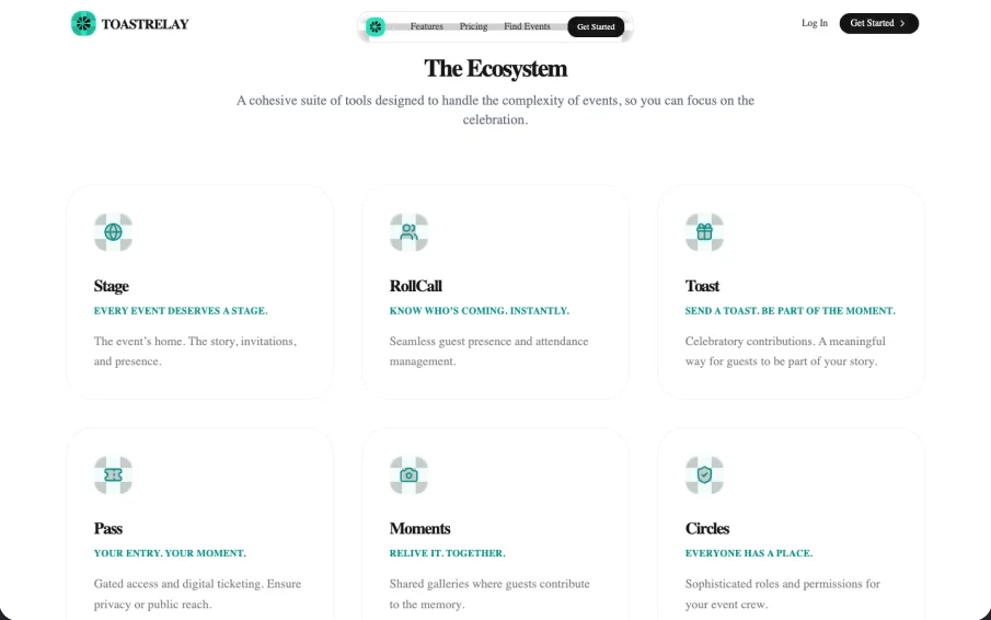 The ecosystem: Stage, RollCall, Toast, Pass, Moments and Circles — designed to work as one.
